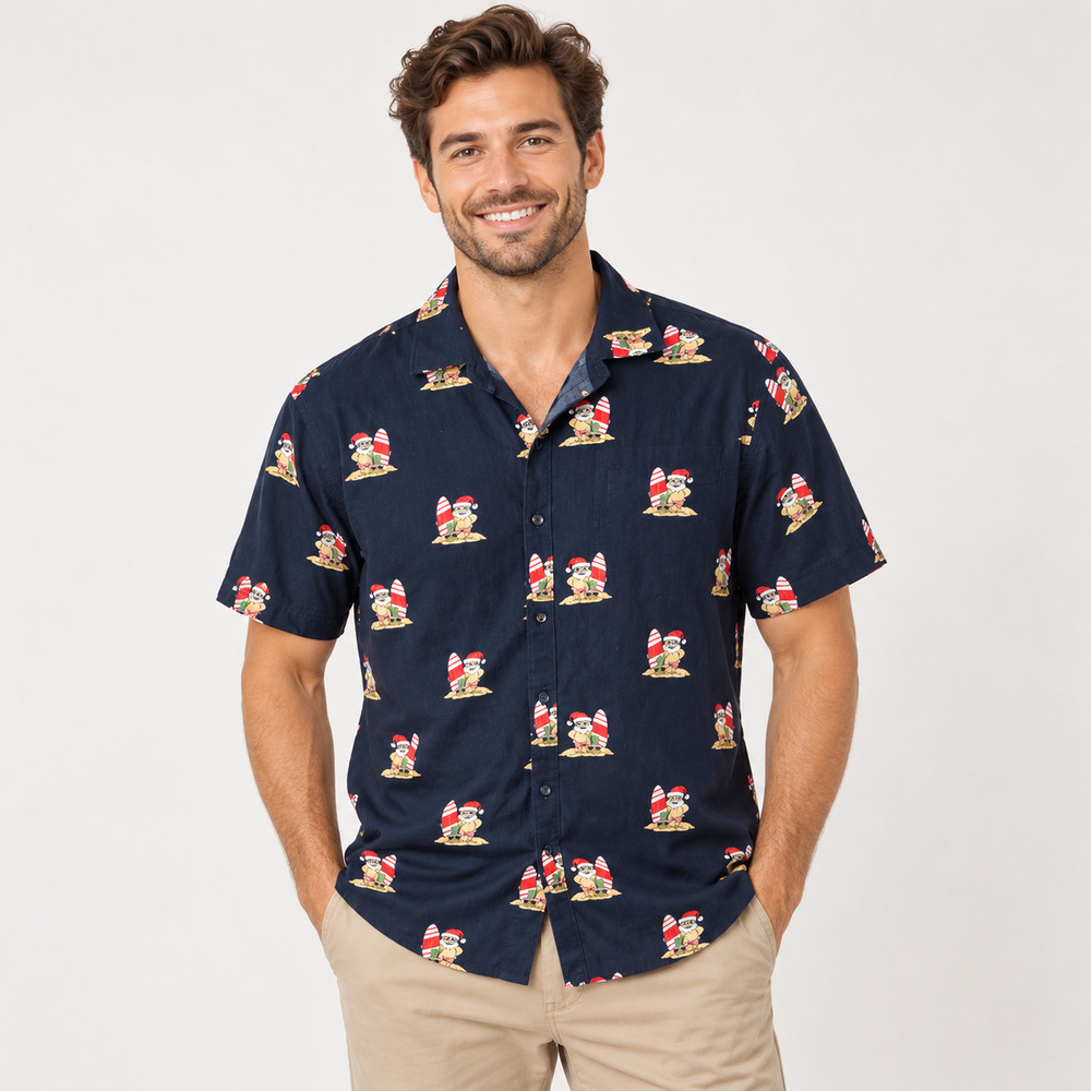 Denim & Flower Christmas Hawaiian Shirt M Novelty Holiday Cruise Joy To World